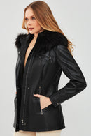 Betty Women's Black Hooded Fur Leather Coat | Derimod