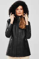 Betty Women's Black Hooded Fur Leather Coat | Derimod