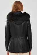 Betty Women's Black Hooded Fur Leather Coat | Derimod