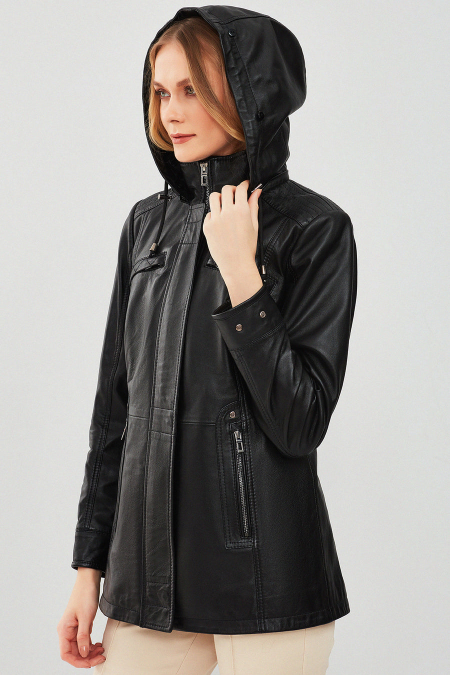 Betty Women's Black Hooded Fur Leather Coat