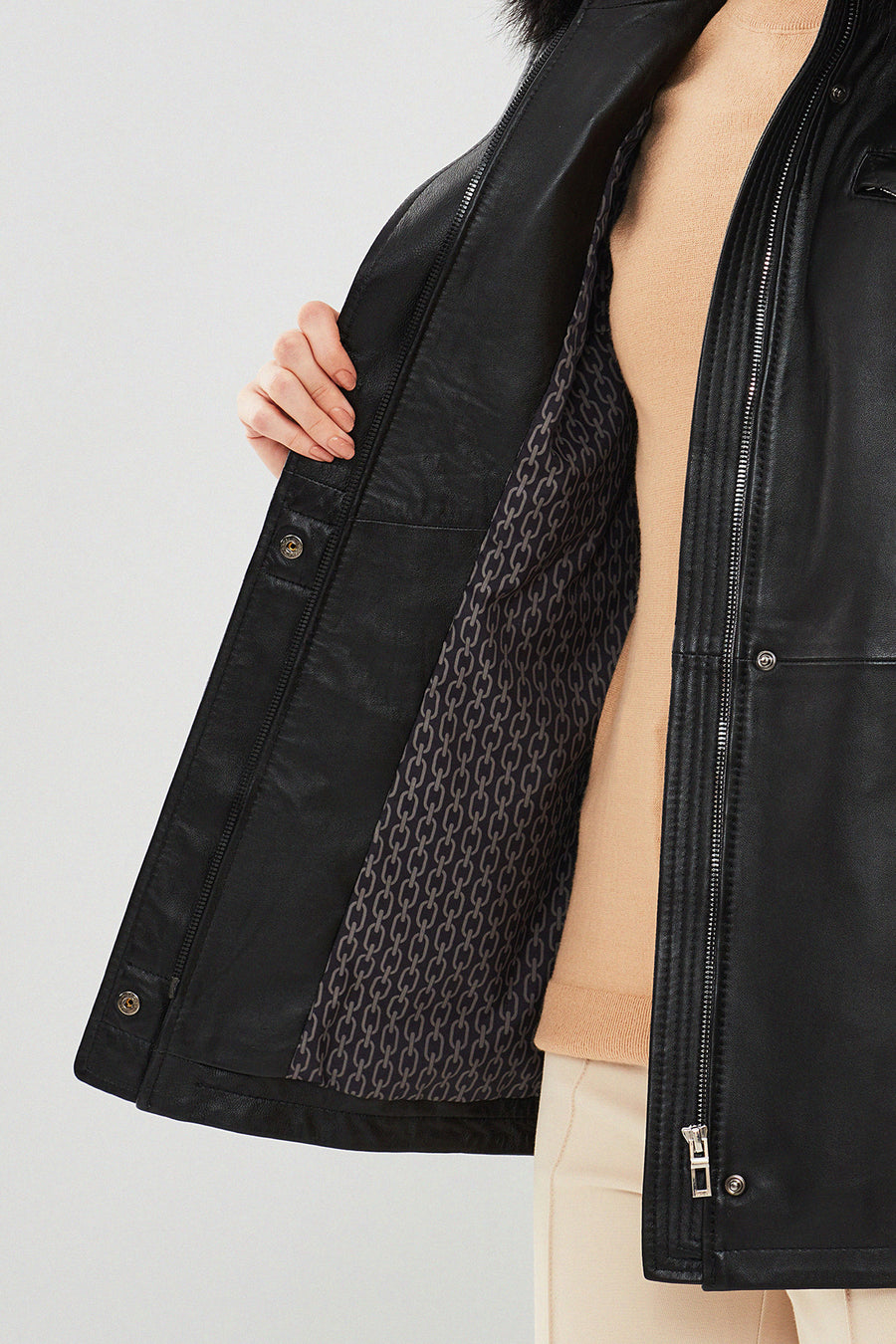 Betty Women's Black Hooded Fur Leather Coat