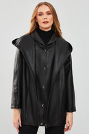 Anya Women's Black Hooded Leather Coat | Derimod