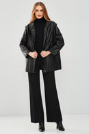 Anya Women's Black Hooded Leather Coat | Derimod