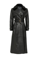 Jenny Women's Black Fur Belt Detailed Leather Trench Coat | Derimod