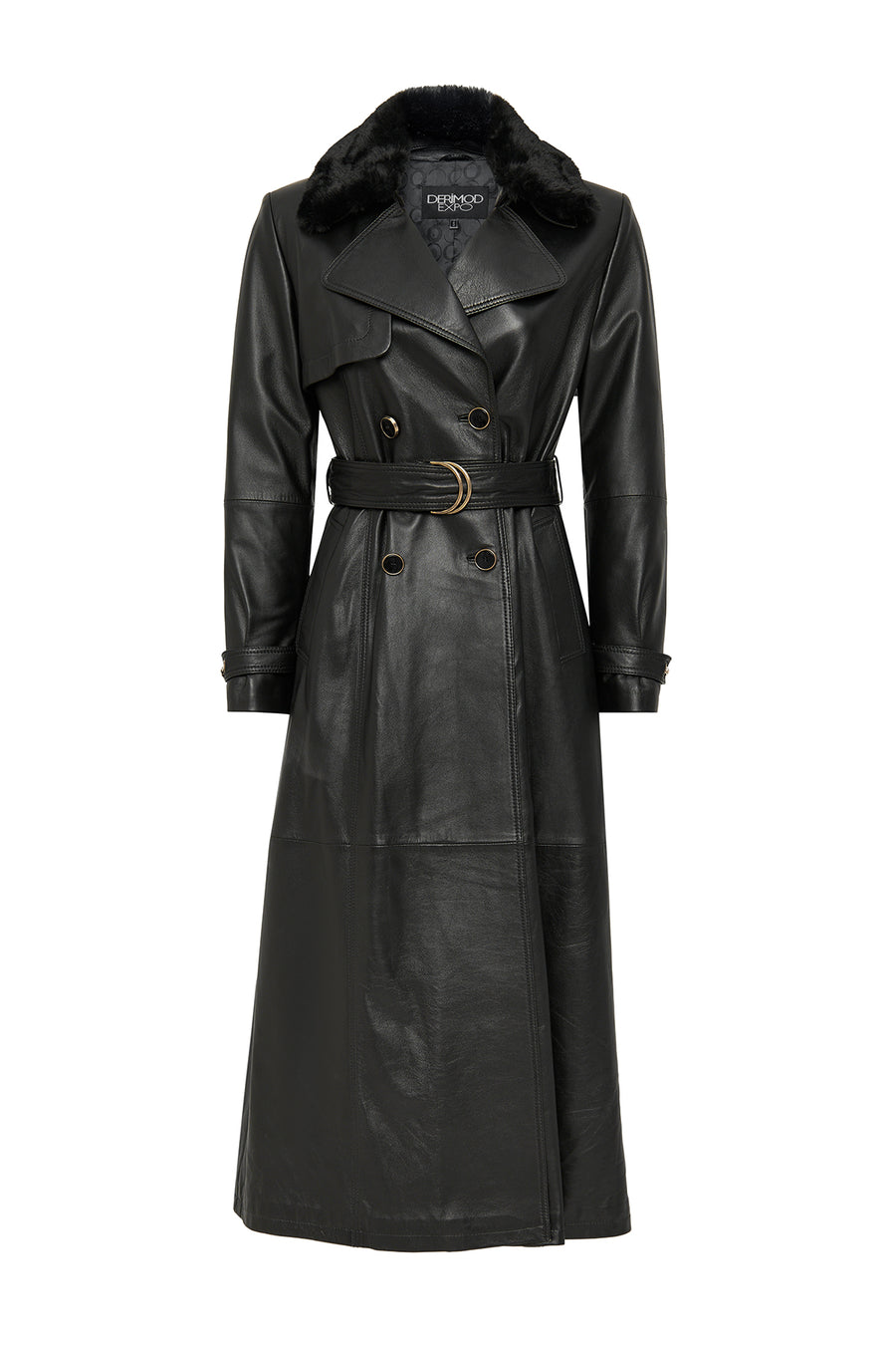Jenny Women's Black Fur Belt Detailed Leather Trench Coat