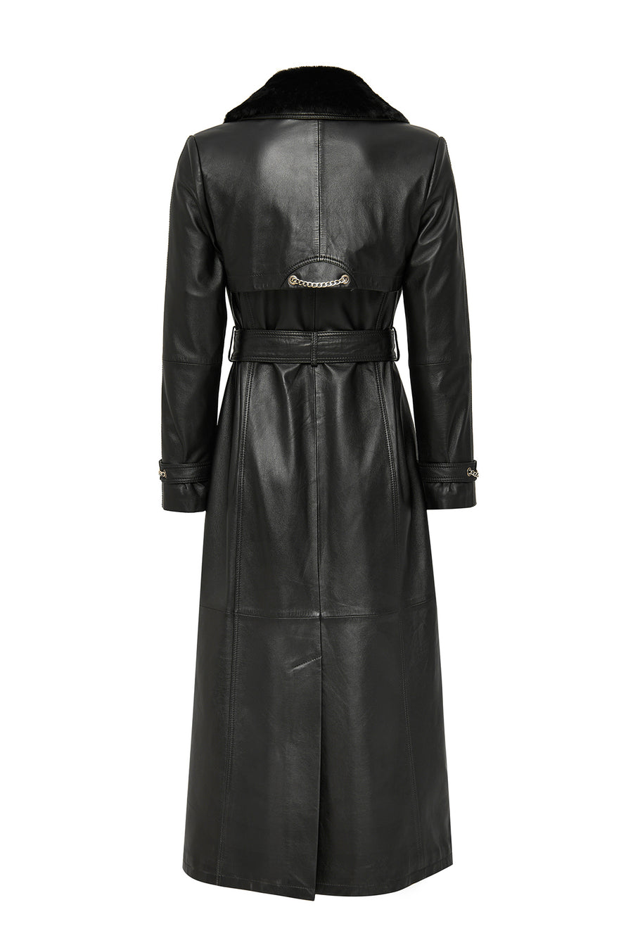 Jenny Women's Black Fur Belt Detailed Leather Trench Coat