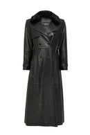 Jenny Women's Black Fur Belt Detailed Leather Trench Coat | Derimod
