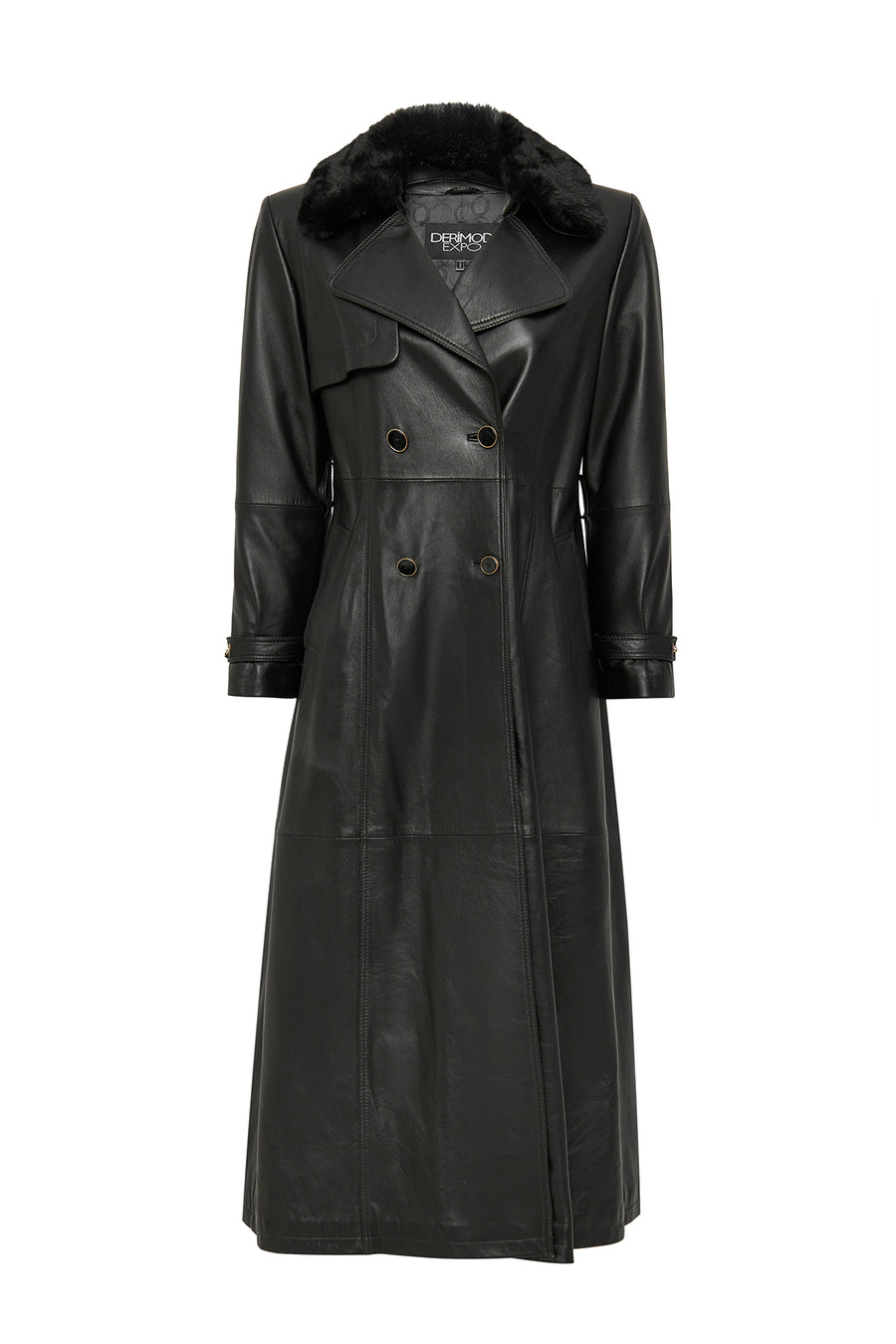 Jenny Women's Black Fur Belt Detailed Leather Trench Coat