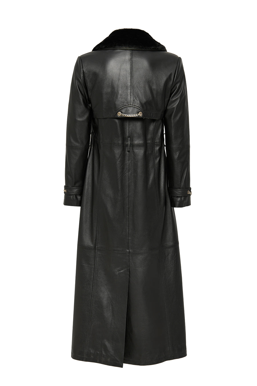 Jenny Women's Black Fur Belt Detailed Leather Trench Coat