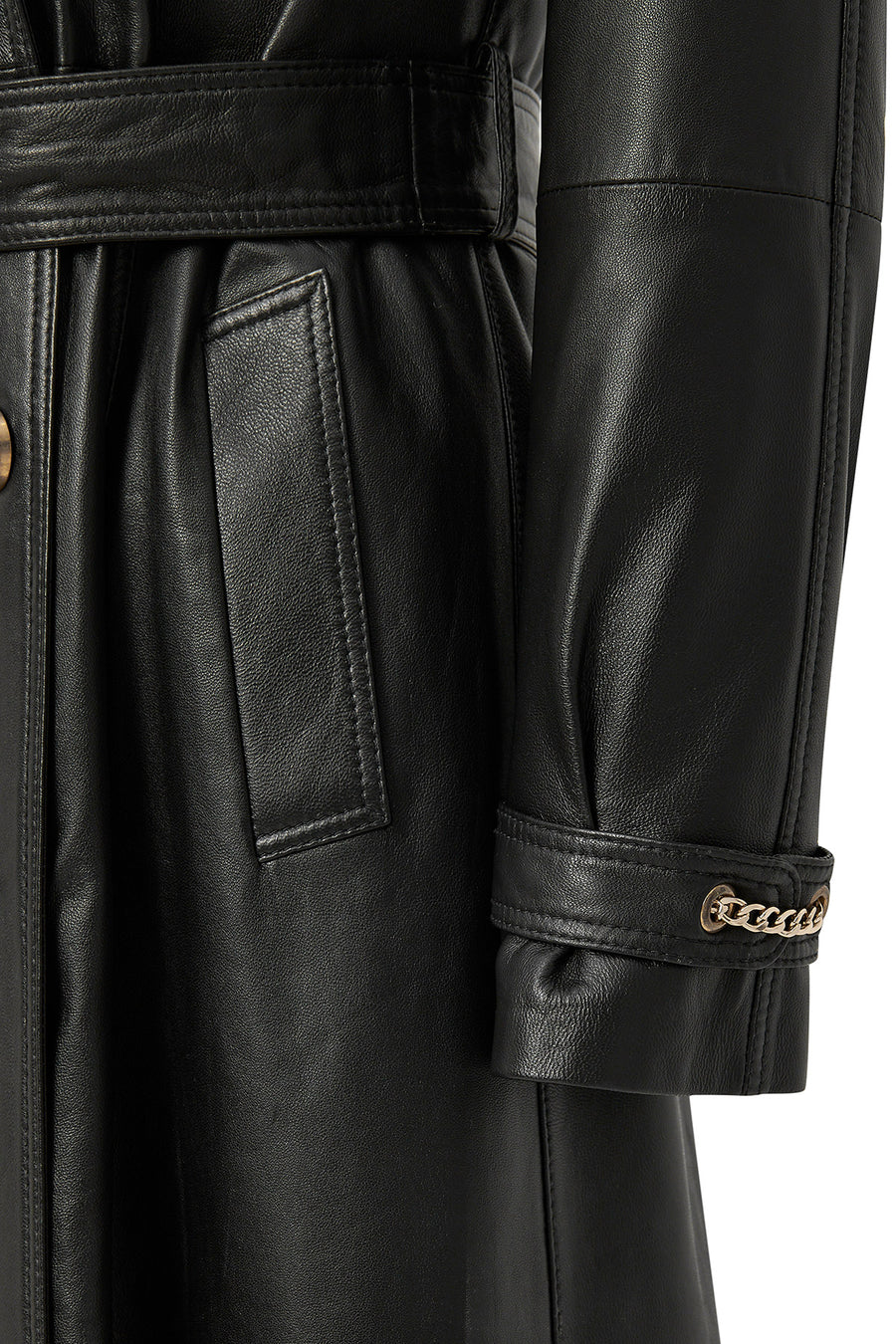 Jenny Women's Black Fur Belt Detailed Leather Trench Coat