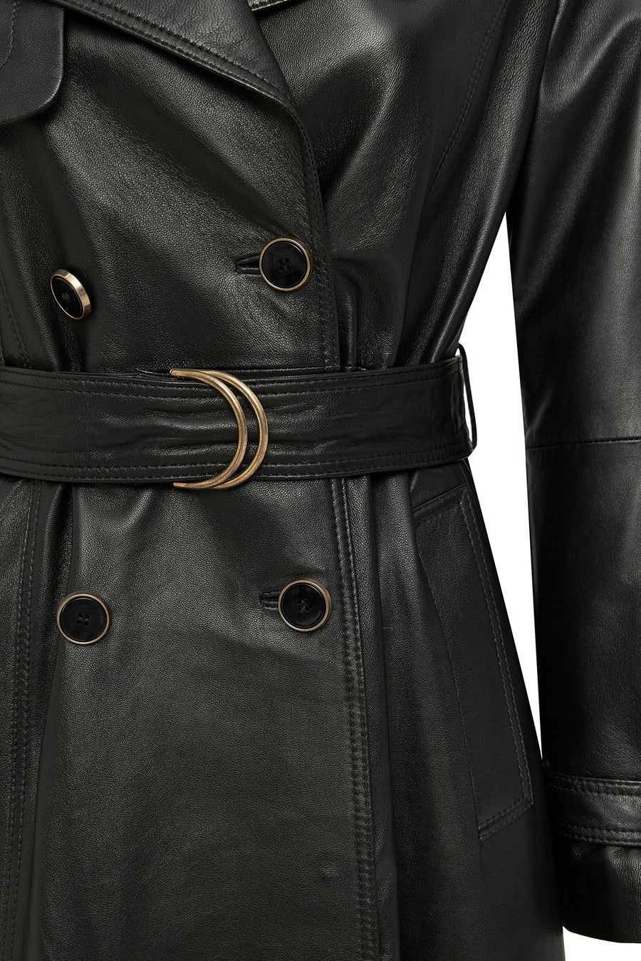 Jenny Women's Black Fur Belt Detailed Leather Trench Coat