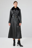Jenny Women's Black Fur Belt Detailed Leather Trench Coat | Derimod