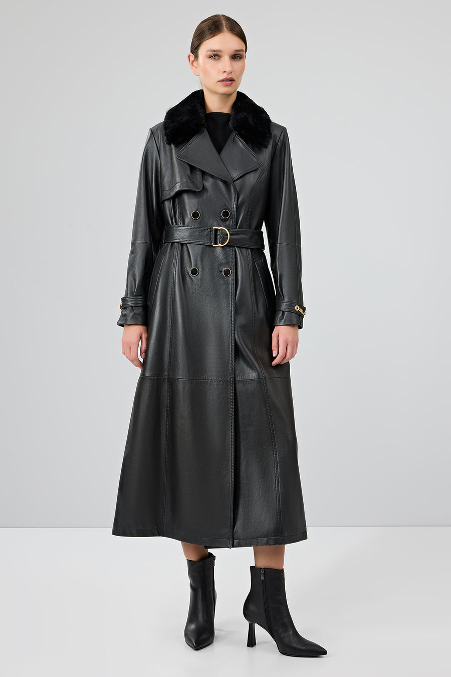 Jenny Women's Black Fur Belt Detailed Leather Trench Coat