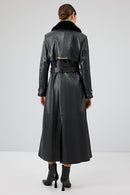 Jenny Women's Black Fur Belt Detailed Leather Trench Coat | Derimod