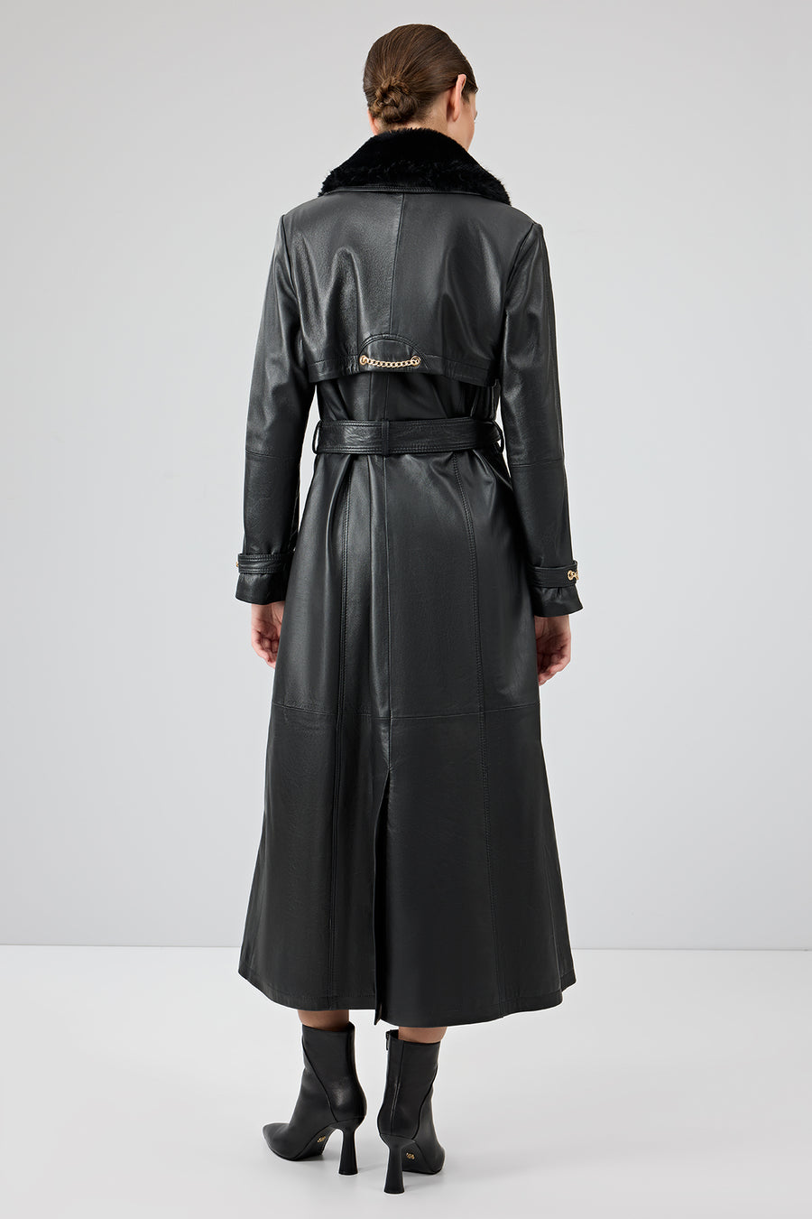 Jenny Women's Black Fur Belt Detailed Leather Trench Coat