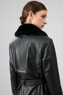 Jenny Women's Black Fur Belt Detailed Leather Trench Coat | Derimod