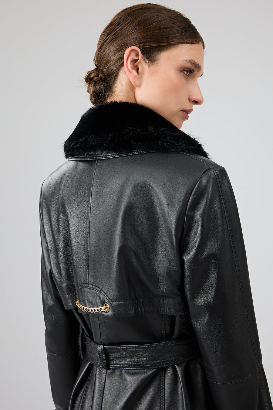 Jenny Women's Black Fur Belt Detailed Leather Trench Coat