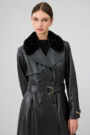Jenny Women's Black Fur Belt Detailed Leather Trench Coat | Derimod