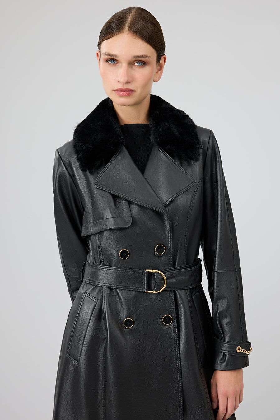 Jenny Women's Black Fur Belt Detailed Leather Trench Coat