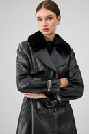 Jenny Women's Black Fur Belt Detailed Leather Trench Coat | Derimod