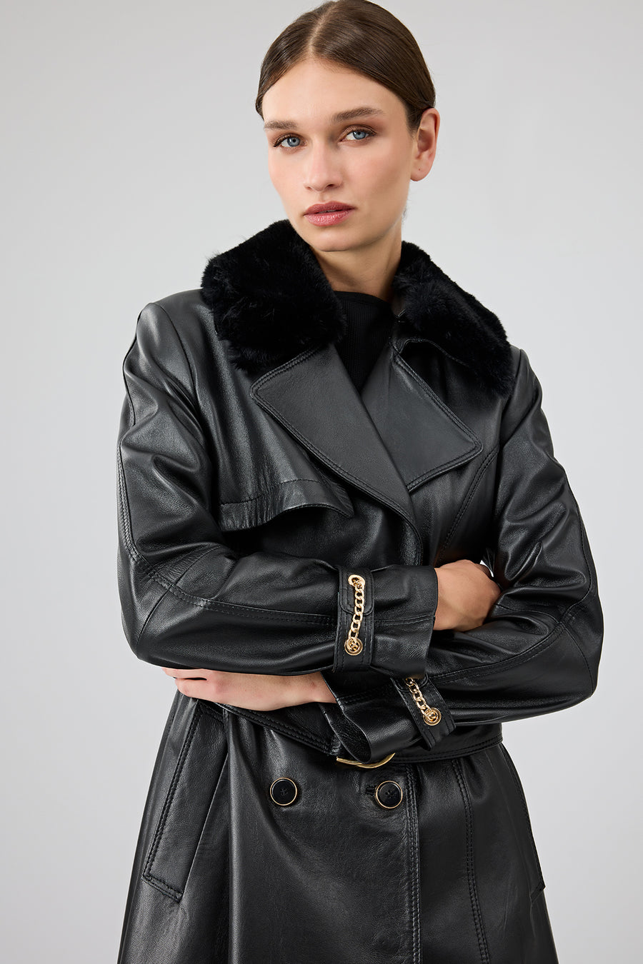 Jenny Women's Black Fur Belt Detailed Leather Trench Coat