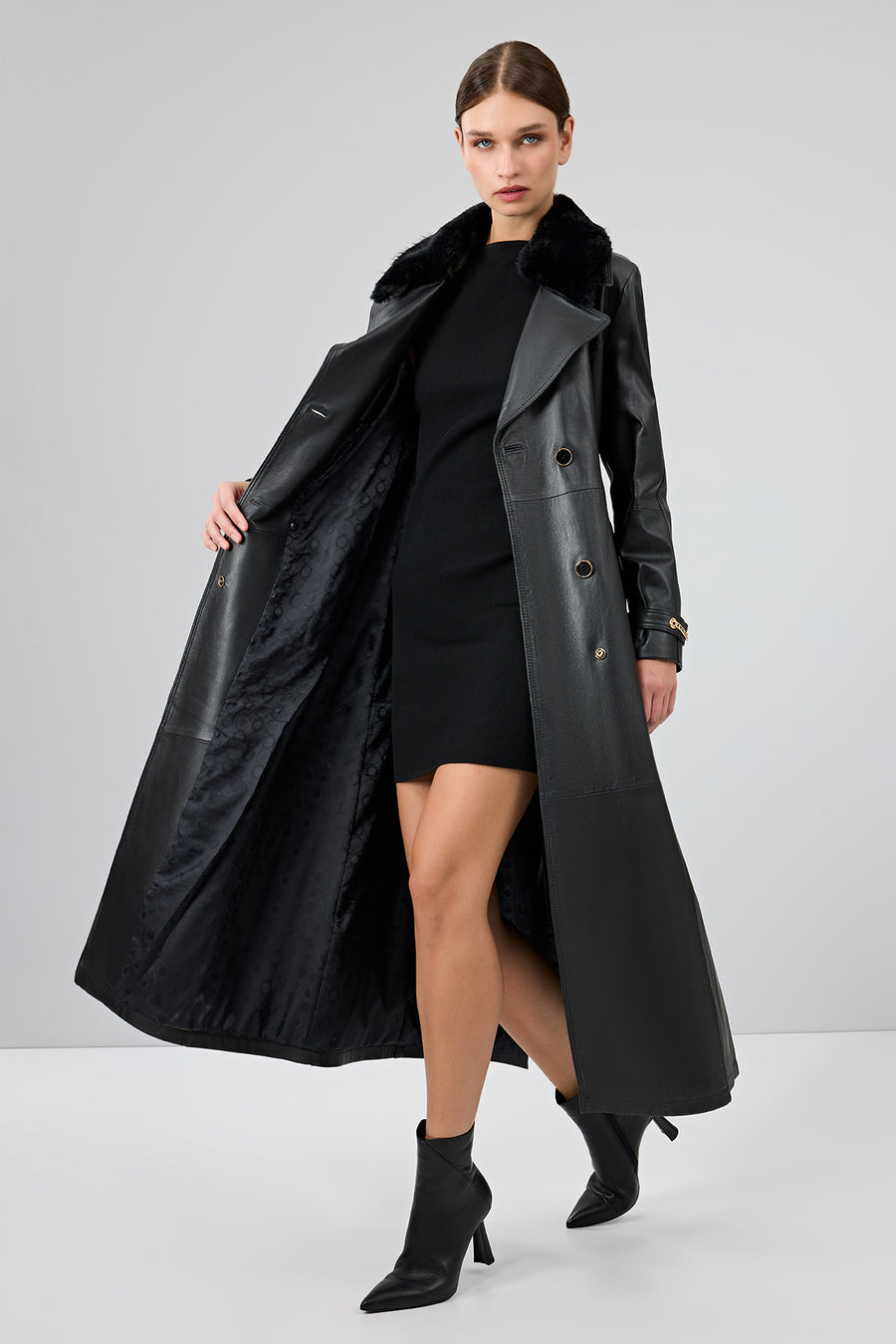 Jenny Women's Black Fur Belt Detailed Leather Trench Coat