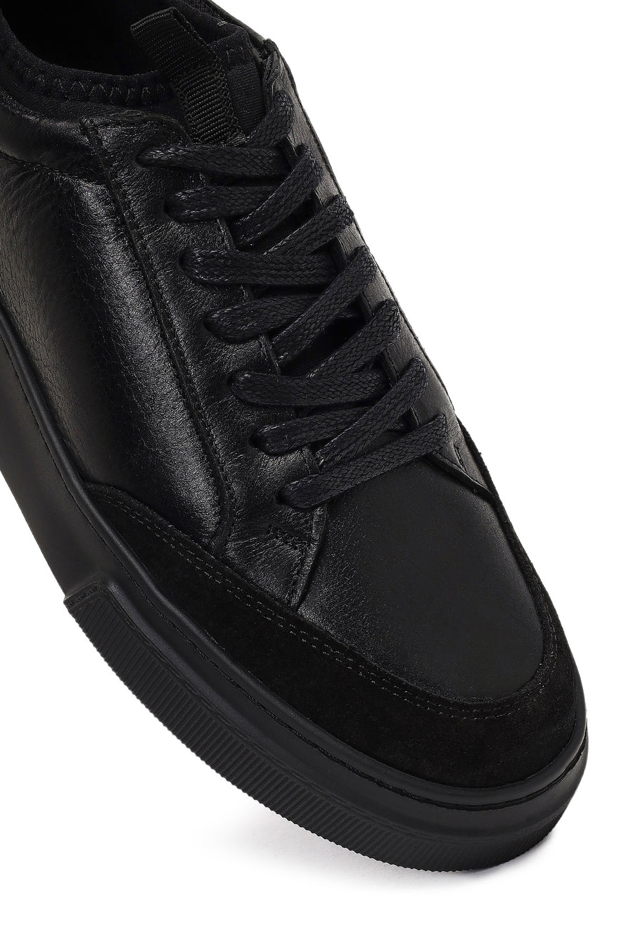 Erkek Siyah Bağcıklı Kalın Tabanlı Deri Sneaker