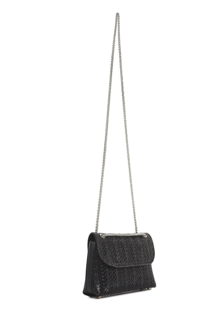 Woman Black Long Strap Stoned Mini Clutch Evening Bag