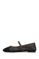 Women's Black Leopard Patterned Buckled Mesh Leather Ballerinas | Derimod