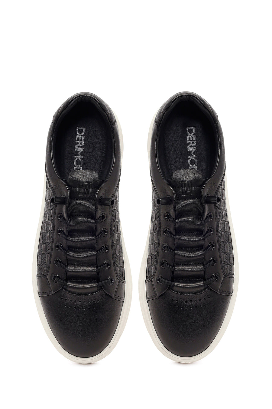 Erkek Siyah Bağcıklı Desenli Deri Sneaker