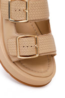 Woman Beige Double-Buckle Thick-Soled Leather Comfort Slippers | Derimod