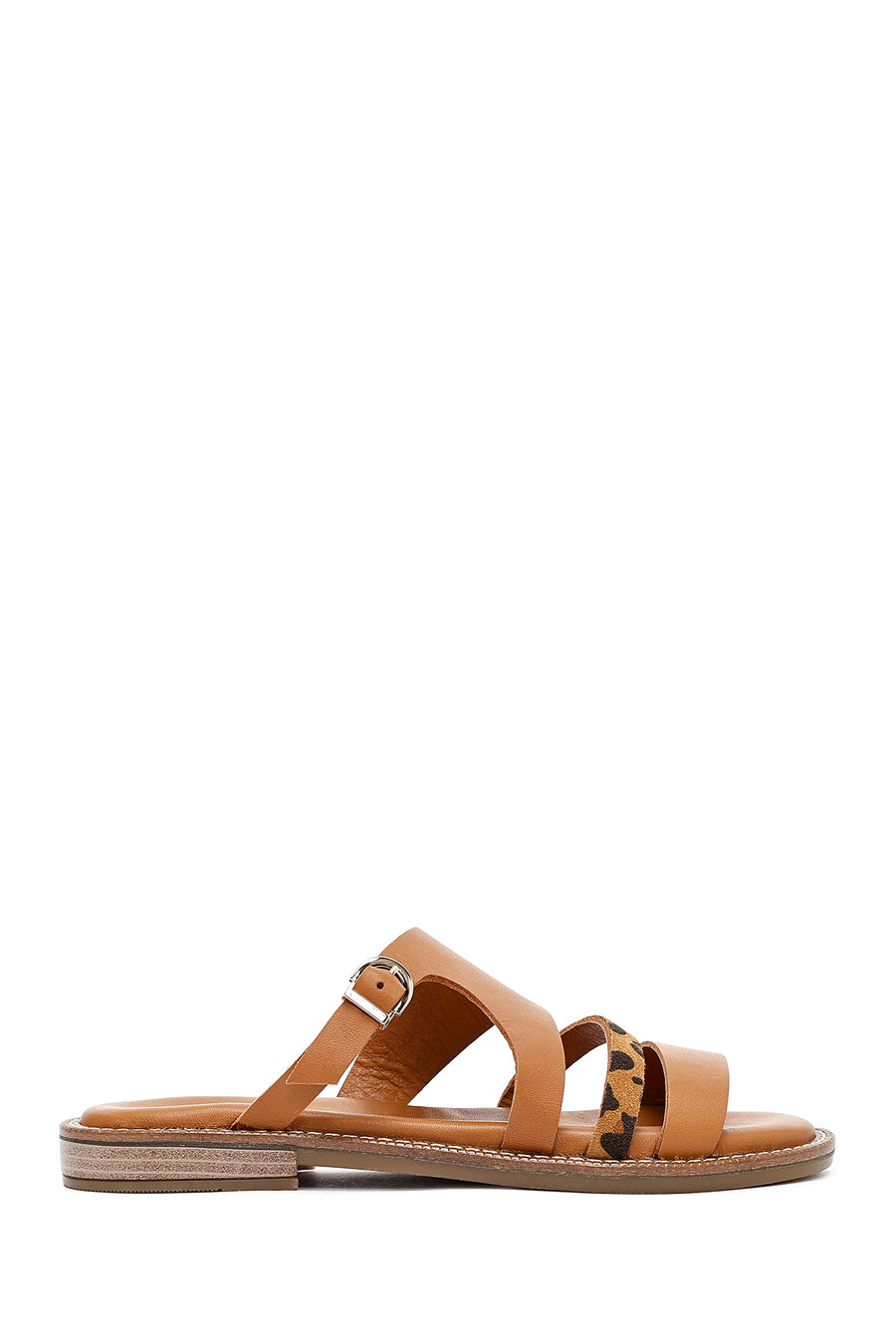 Women's Brown Leopard Patterned Leather Slippers 25SFD200814 | Derimod