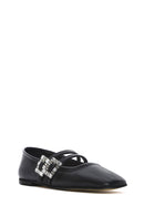 Women's Black Double Buckled Stoned Leather Ballerinas | Derimod