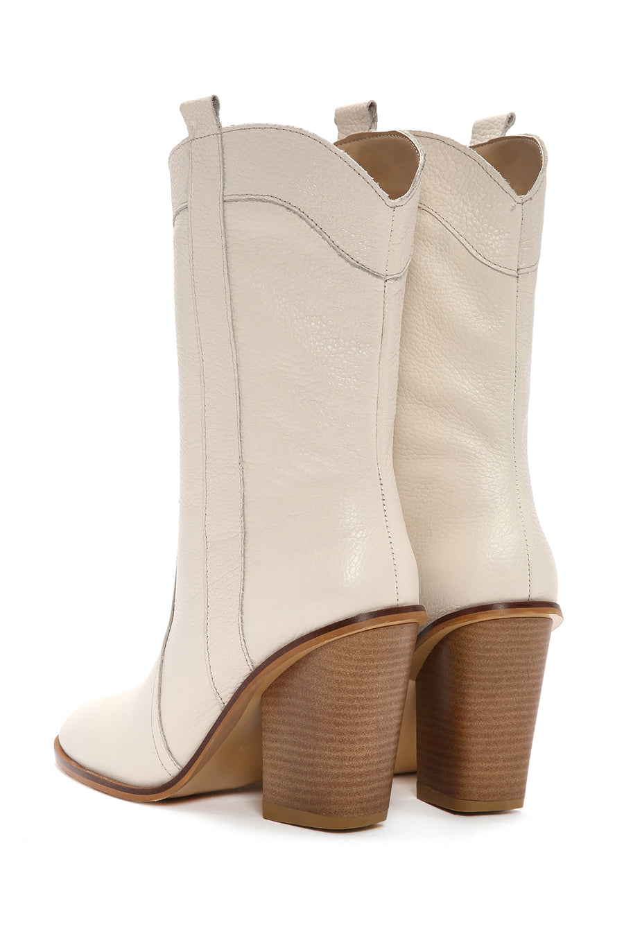 Women's Beige Thick Heeled Leather Cowboy Boots