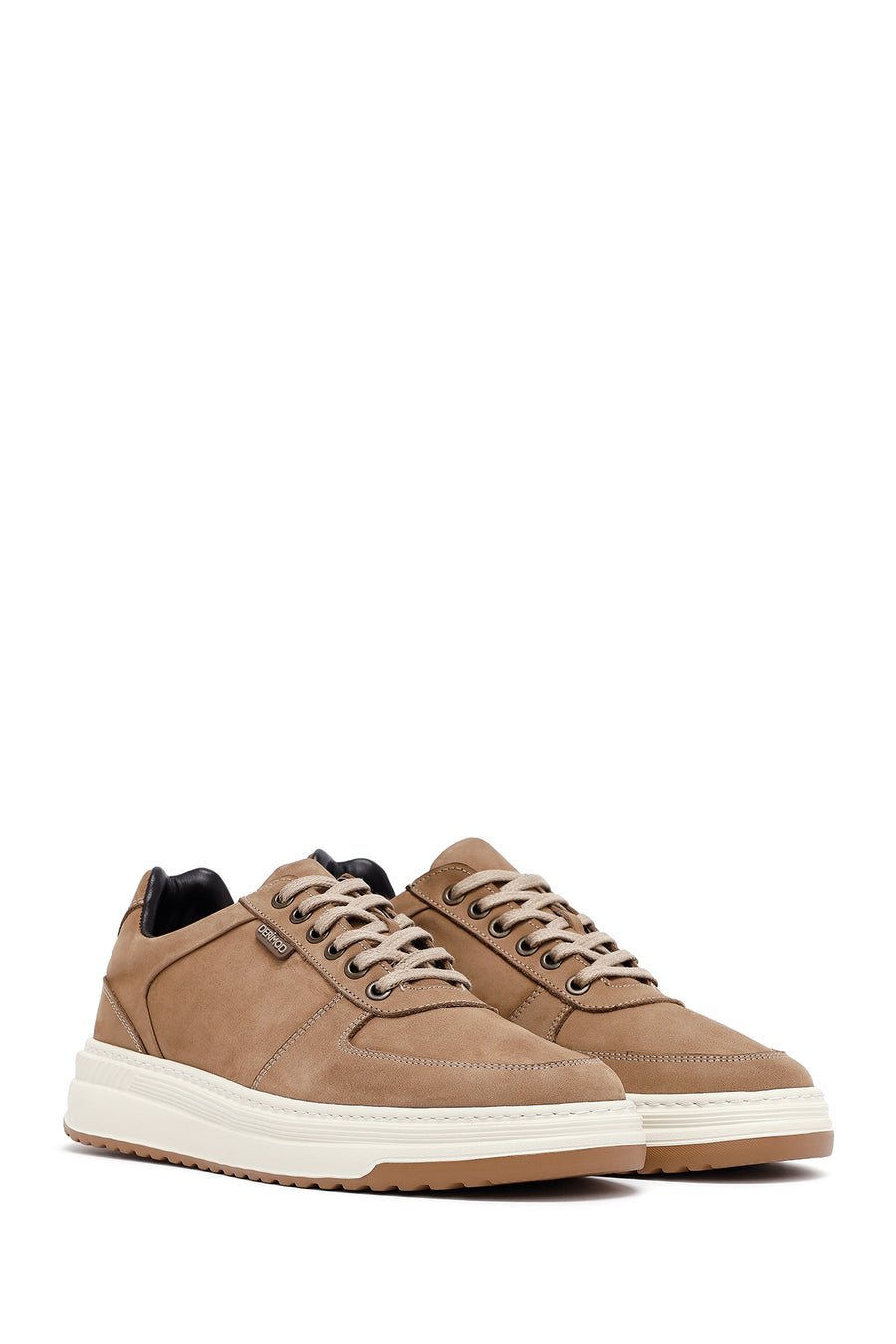 Men's Beige Lace-Up Thick-Soled Nubuck Leather Sneakers