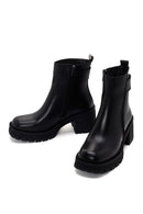 Woman Black Zippered Chunky Heels Leather Boat | Derimod