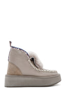 Women's Grey Thick-Soled Fur-Lined Leather Boots | Derimod