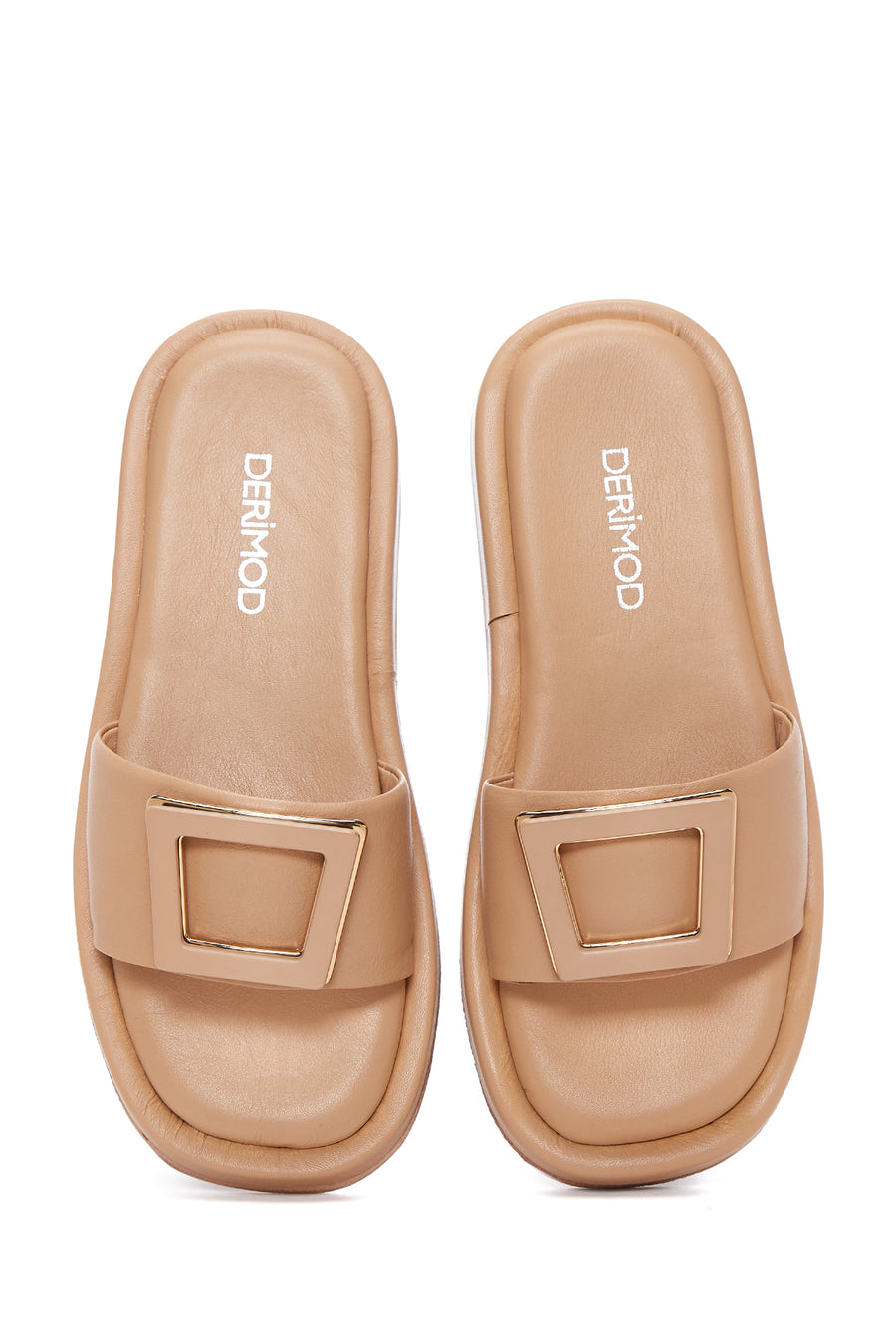 Women's Beige Leather Thick Soled Slippers