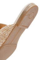 Women's Beige Buckle Detailed Straw Leather Slippers | Derimod