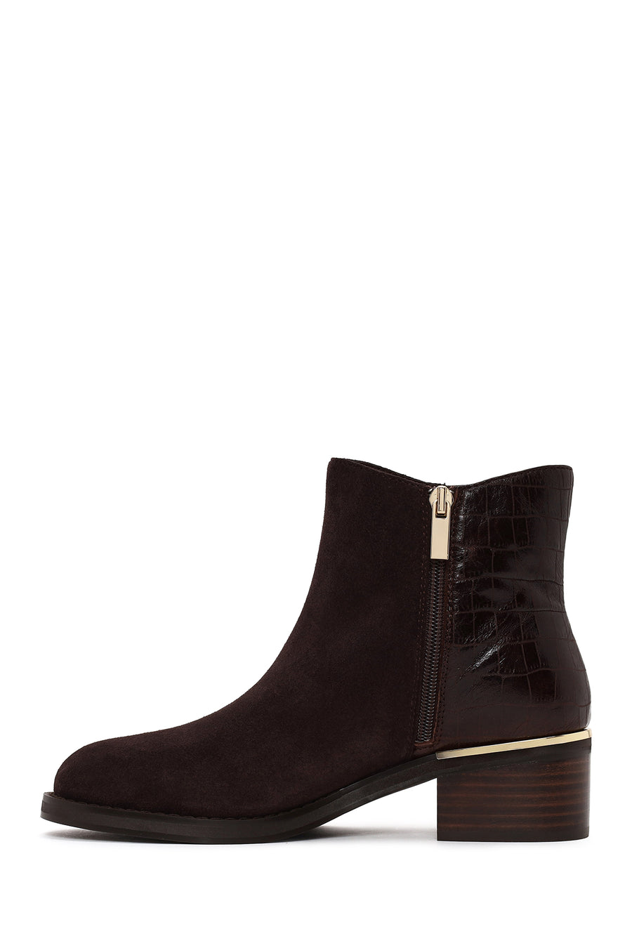Woman Brown Zip Closure Crocodile Pattern Chunky Heeled Suede Boots