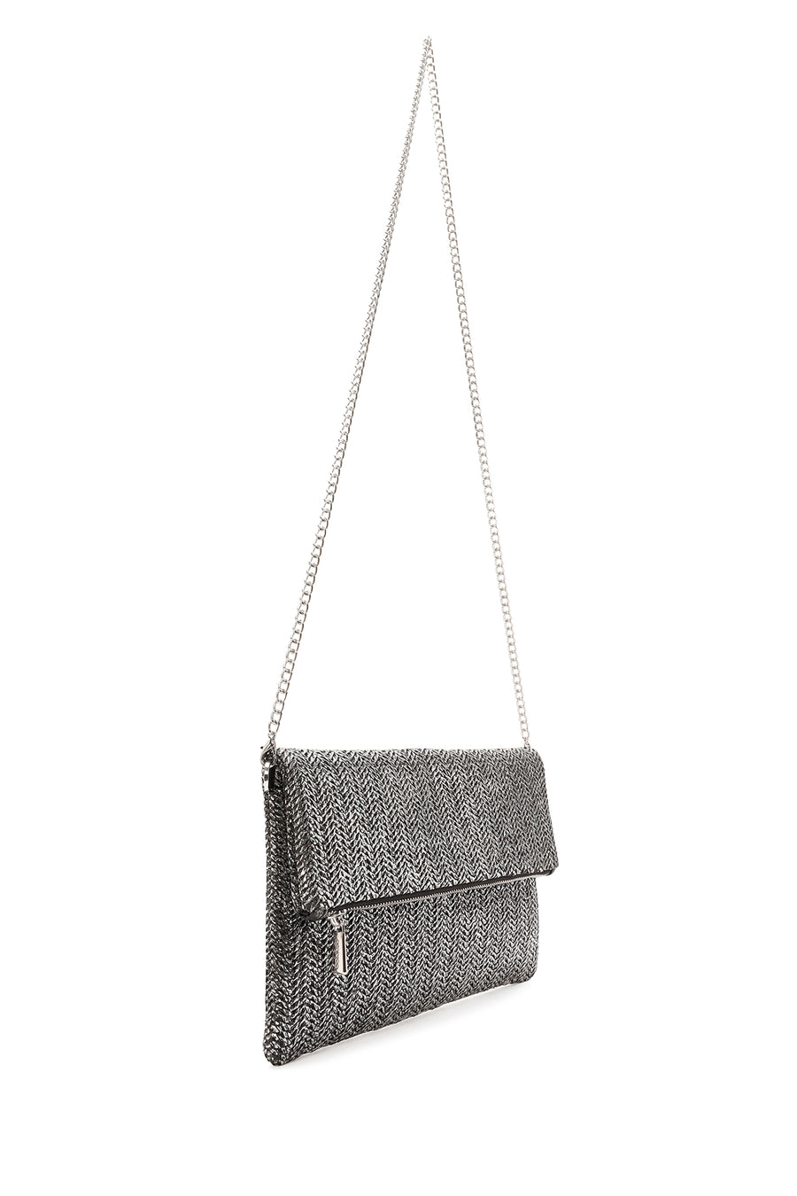 Women's Anthracite Long Chain Strap Straw Clutch Bag