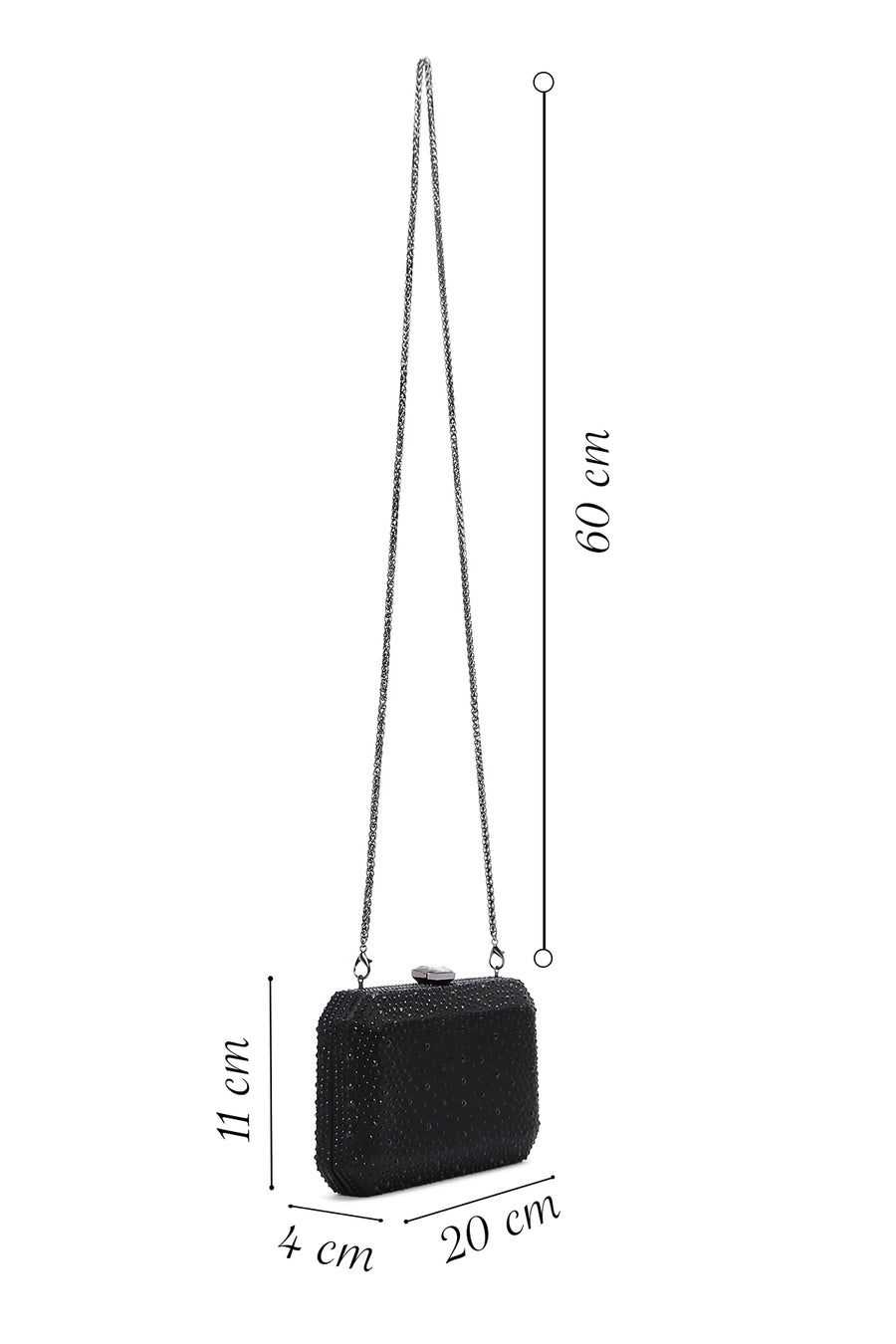 Women's Black Long Chain Strap Stoned Clutch Bag