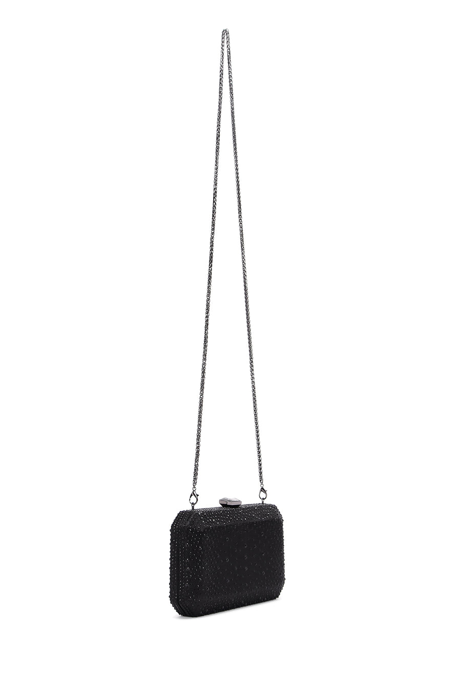 Women's Black Long Chain Strap Stoned Clutch Bag