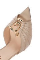 Women's Beige Ankle Strap Thin Heeled Leather Sandals | Derimod