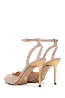 Women's Beige Ankle Strap Thin Heeled Leather Sandals | Derimod