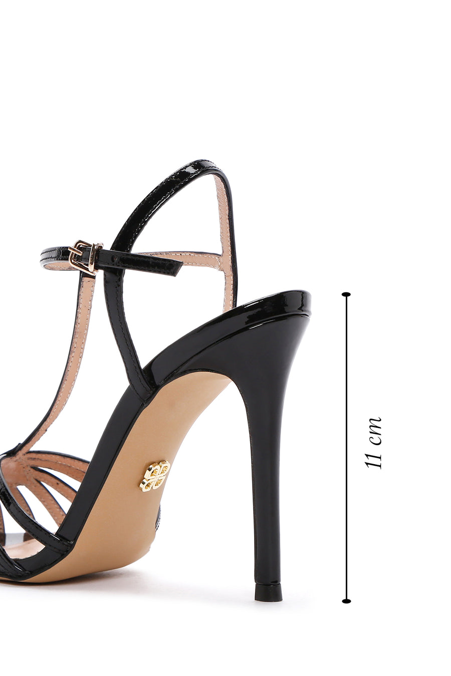 Women's Black Ankle Strap Thin Heeled Patent Leather Sandals