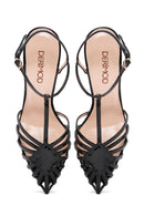 Women's Black Ankle Strap Thin Heeled Patent Leather Sandals | Derimod