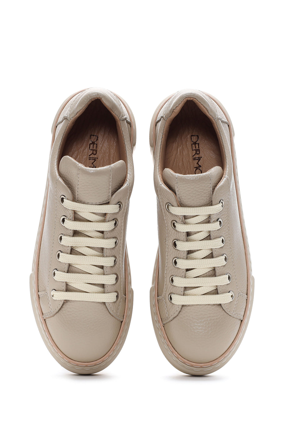 Kadın Bej Bağcıklı Kalın Tabanlı Deri Sneaker