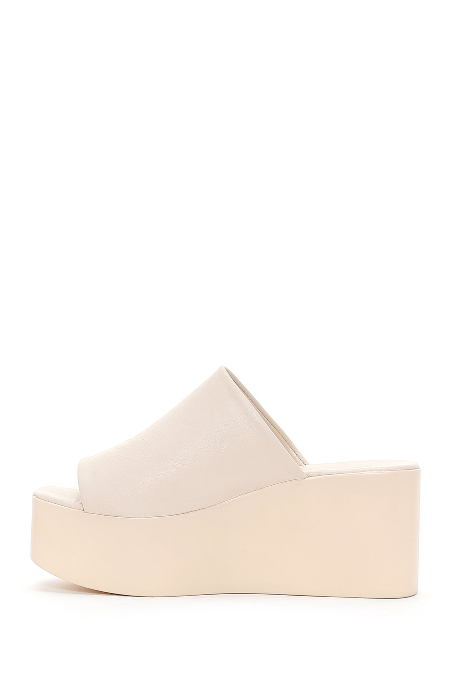 Women's Beige Wedge Heeled Leather Slippers