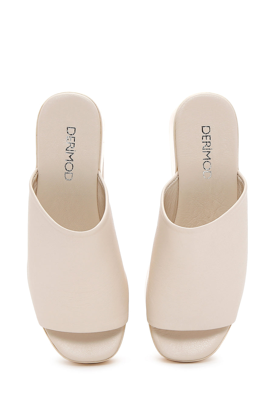 Women's Beige Wedge Heeled Leather Slippers